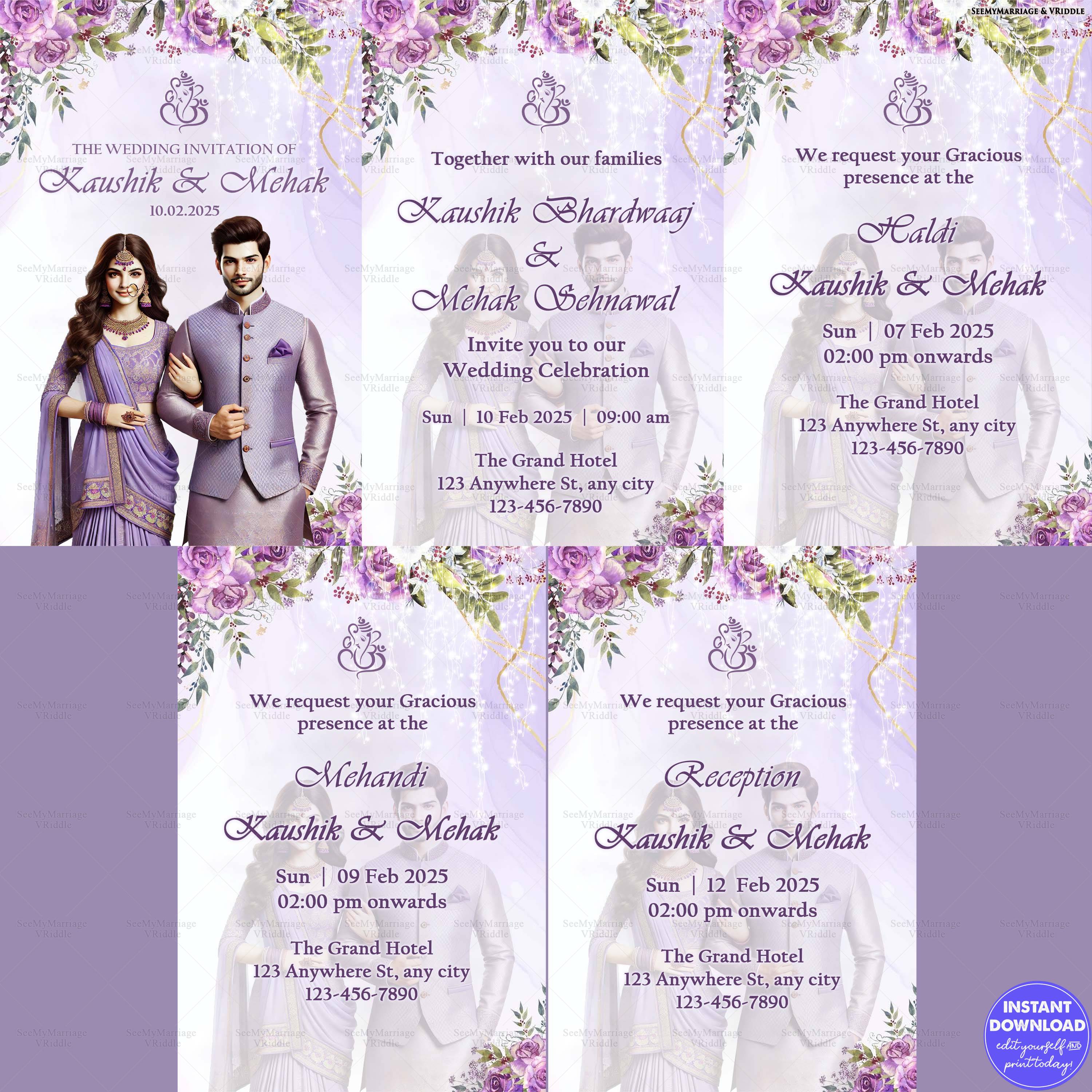 Purple Floral Wedding Invitation Suite with Bride and Groom Illustration and Event Details