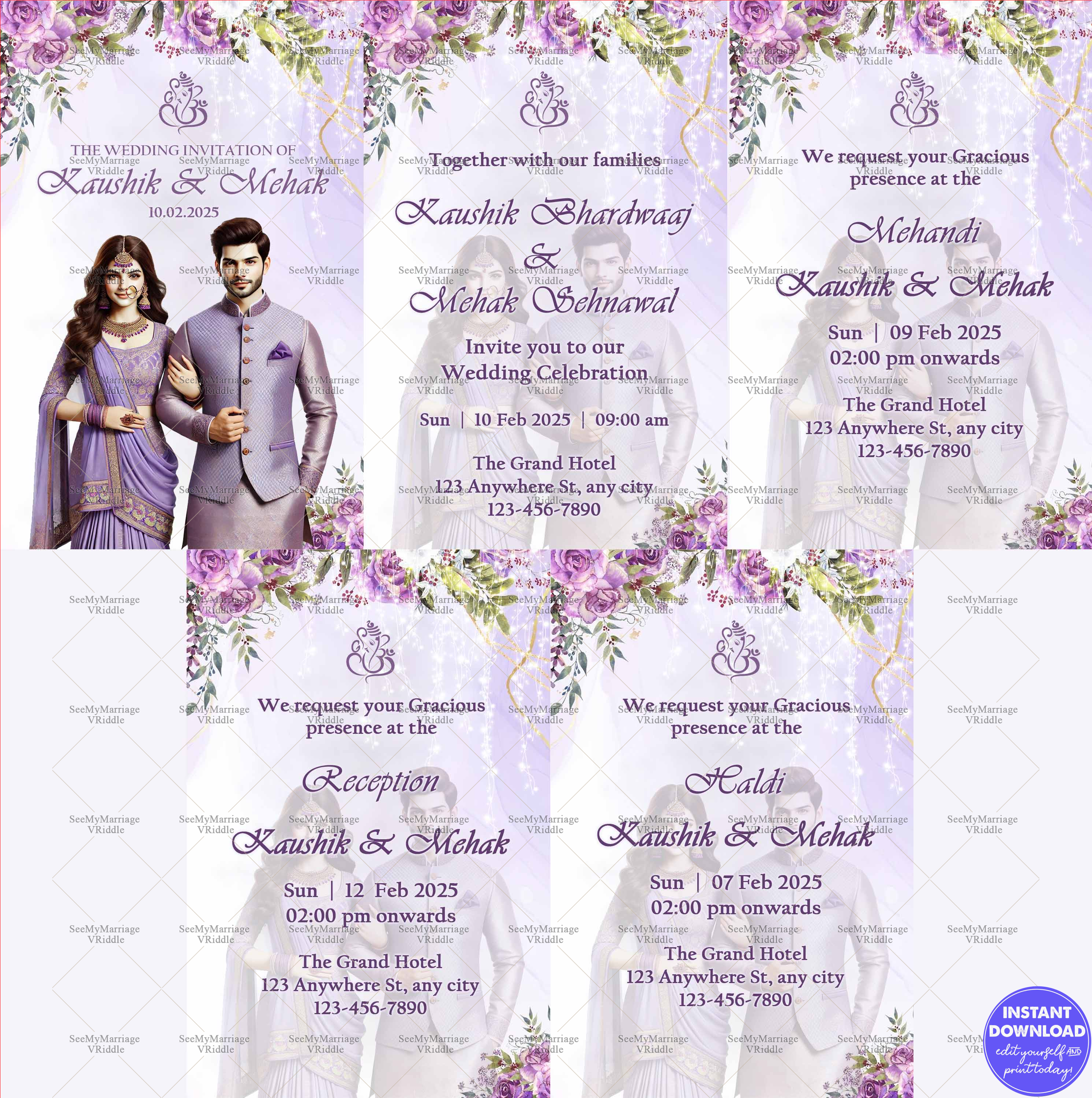 Purple Floral Wedding Invitation Suite with Bride and Groom Illustration and Multiple Event Details
