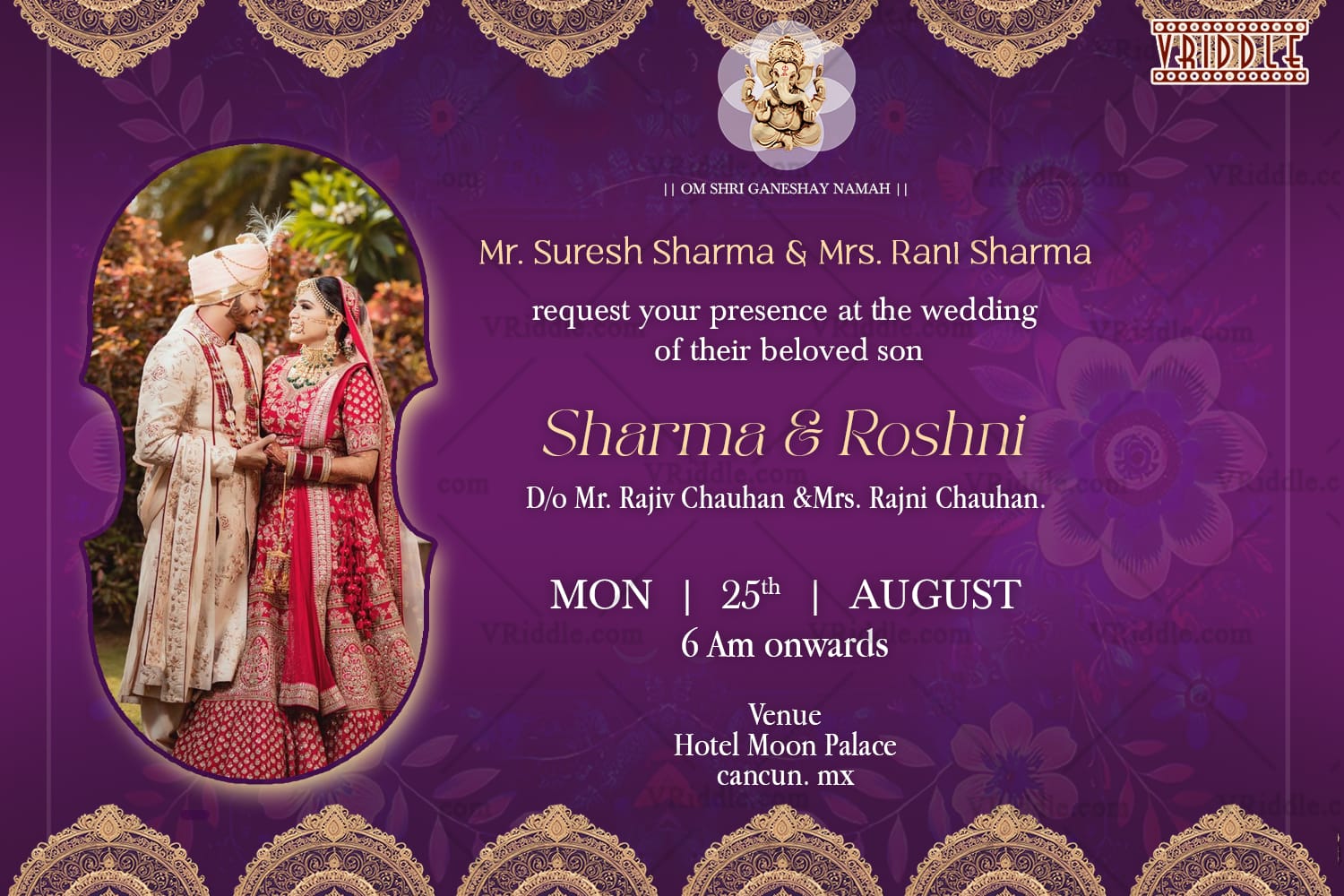 Regal Purple Themed Wedding Invitation with Couple’s Portrait & Ornate Frame