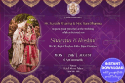 Regal Purple Themed Wedding Invitation with Couple’s Portrait & Ornate Frame
