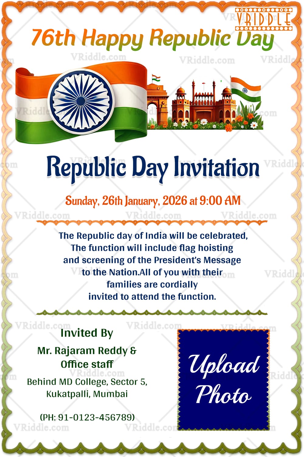 Republic Day Invitation with National Colors, Flag and Red Fort