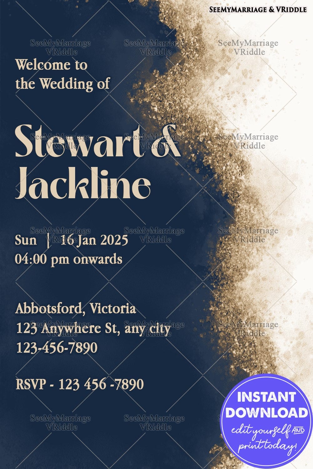 Resin-Inspired Wedding Welcome Banner with Gold Glitter in Luxurious Navy Theme