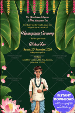 Rich Green Dhoti Function Invitation with Lotus Blossoms, Hanging Garlands, and Traditional Attire