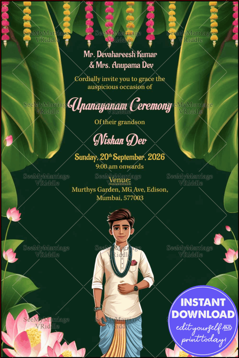 Rich Green Dhoti Function Invitation with Lotus Blossoms, Hanging Garlands, and Traditional Attire