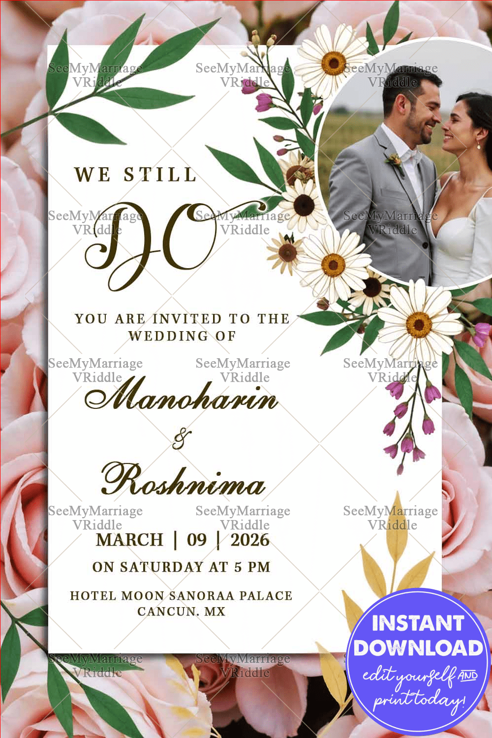 The image is a sophisticated and romantic invitation card for a wedding ceremony, designed with a blend of elegance and floral beauty.The card features a clean, white background adorned with vibrant floral elements, including daisies, leafy green stems, and delicate purple flowers, forming a semi-circular arrangement on the right. A photo of the smiling couple in wedding attire is beautifully incorporated, adding a personal touch.This invitation exudes warmth, charm, and sophistication, perfectly suited for a memorable wedding celebration.