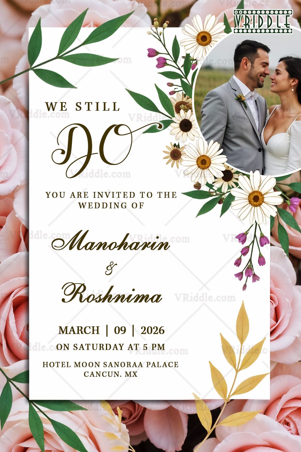 Romantic Elegant Wedding Invitation with Couple's Photo and Floral Accents