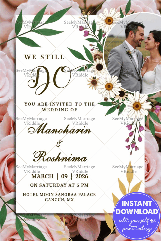 Romantic Elegant Wedding Invitation with Couple's Photo and Floral Accents