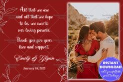 Romantic Red Wedding Thank You Card with Floral Accents and Personalized Couple Photo