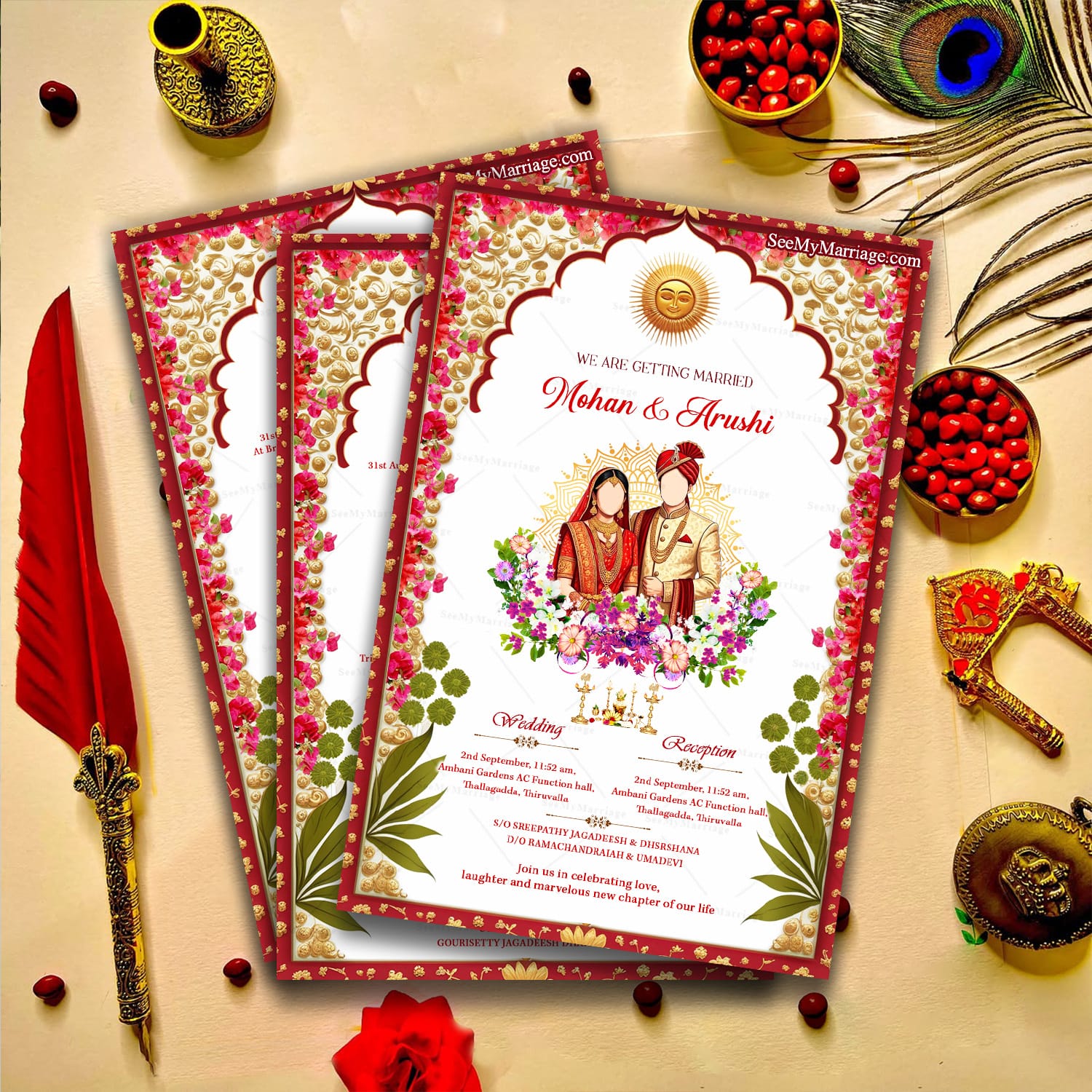 Royal Indian Wedding Invitation Card with Bride & Groom Illustration & Cultural Elements