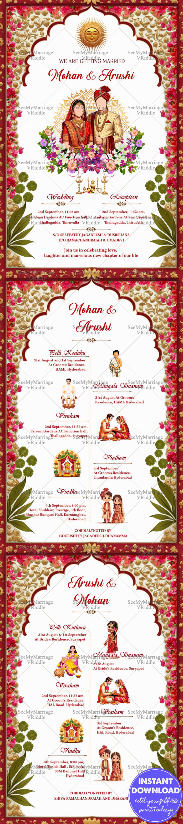 Royal Indian Wedding Invitation Card with Bride & Groom Illustration & Cultural Elements