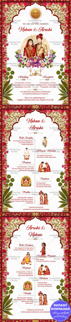Royal Indian Wedding Invitation Card with Bride & Groom Illustration & Cultural Elements