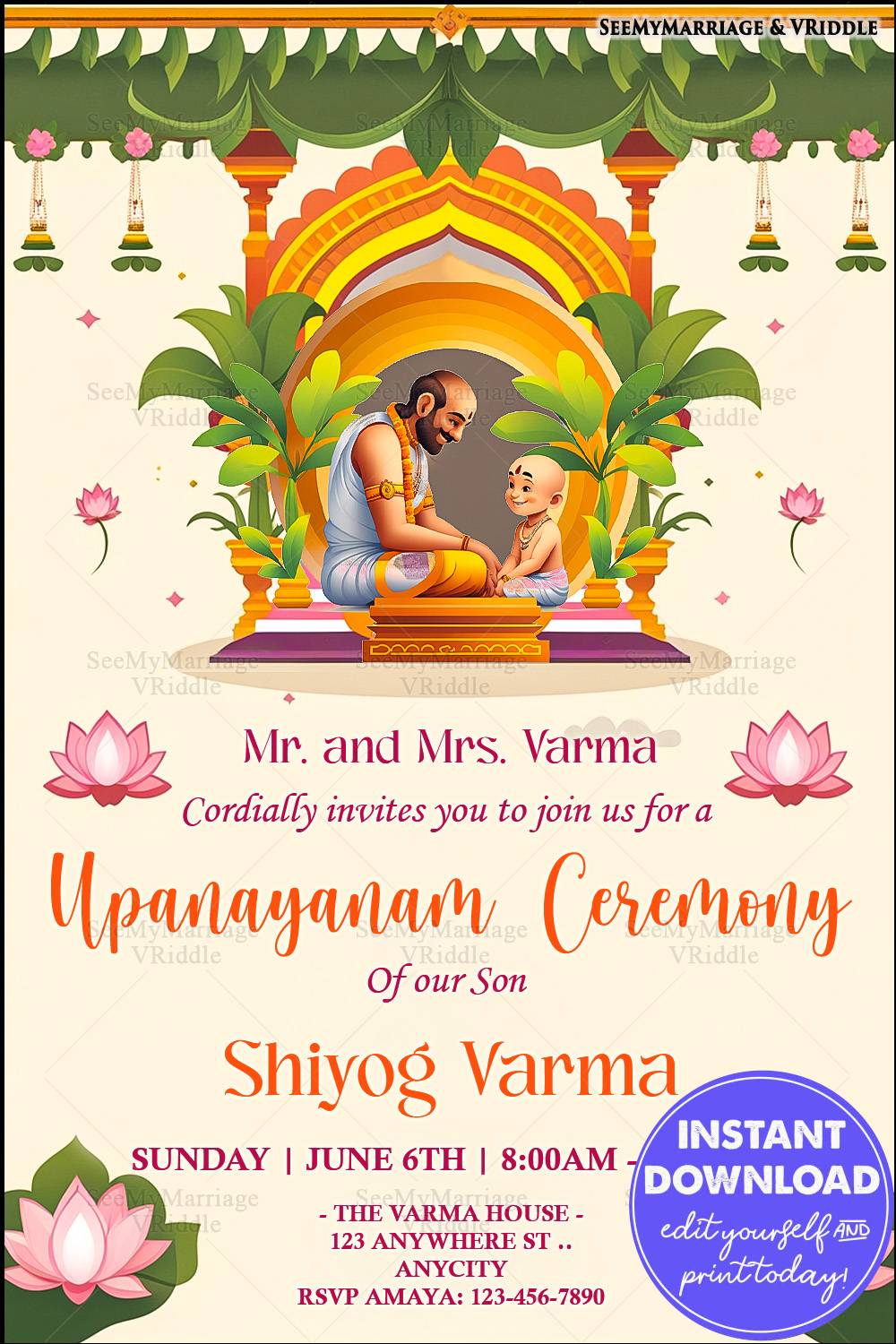 Sacred Upanayanam Invitation with Guru-Boy Illustration, Lotus Motifs, and Vibrant Arch