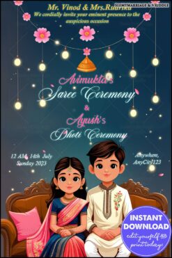 Saree and Dhoti Ceremony Invitation with Hanging Lights and Pink Floral Accents