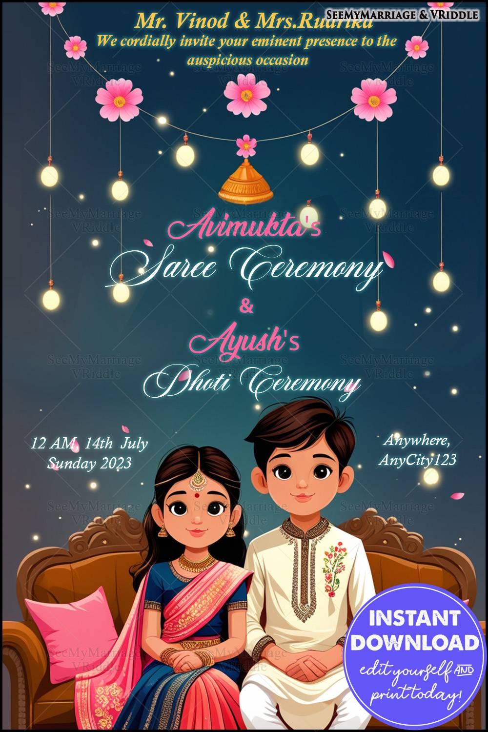 Saree and Dhoti Ceremony Invitation with Hanging Lights and Pink Floral Accents