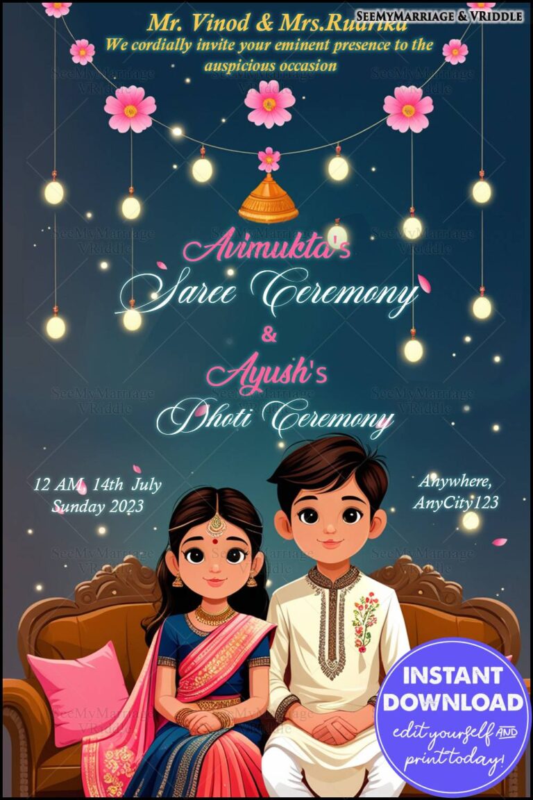Saree and Dhoti Ceremony Invitation with Hanging Lights and Pink Floral Accents