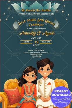 Saree and Dhoti Ceremony Invitation with Lotus Motif and Lanterns Illustration on Blue Background