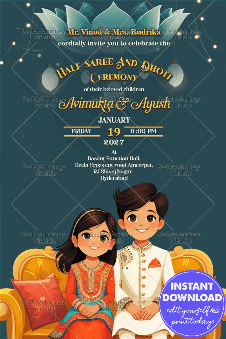 Saree and Dhoti Ceremony Invitation with Lotus Motif and Lanterns Illustration on Blue Background