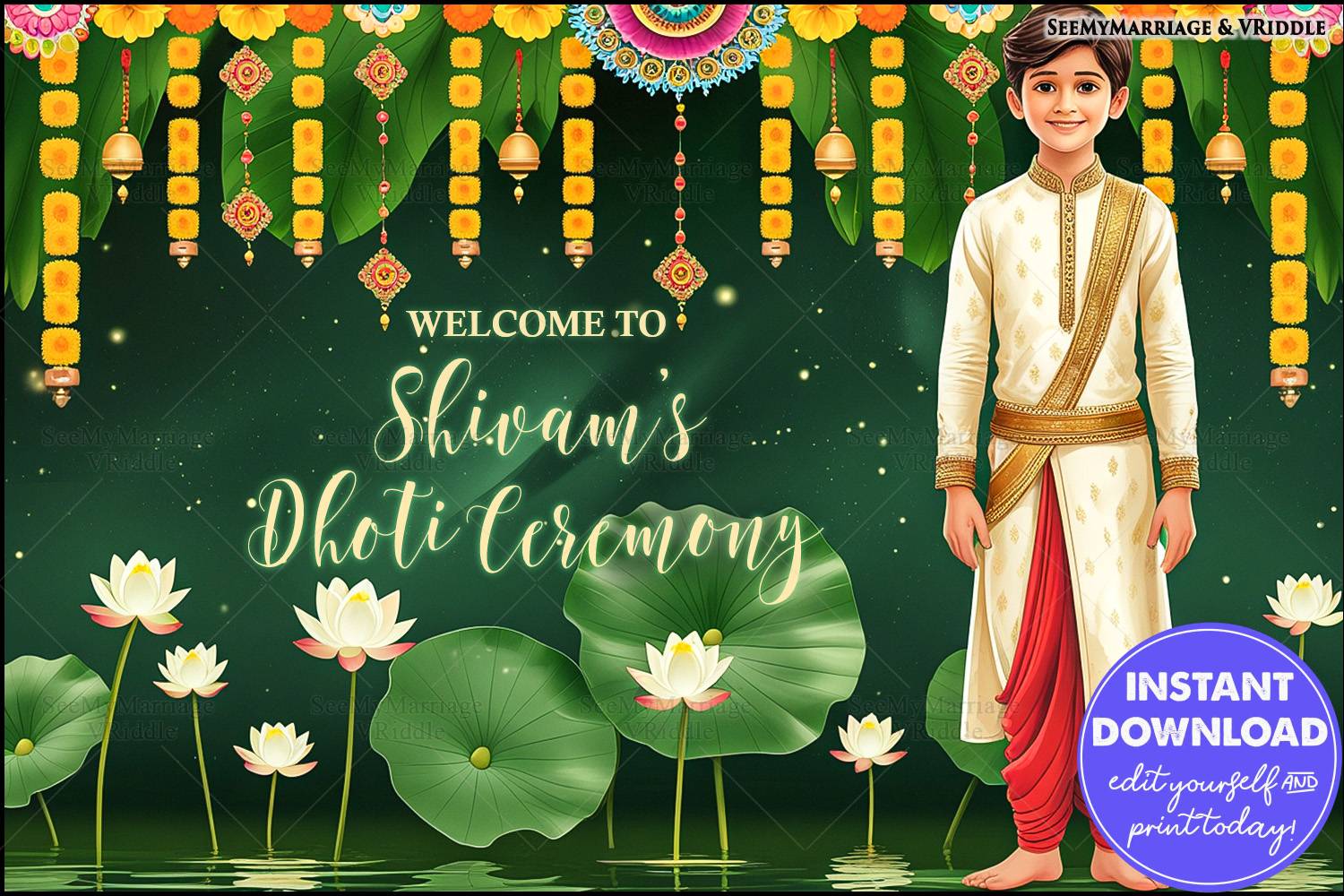 Serene Lotus-Themed Dhoti Ceremony Welcome BannerPoster with Marigold Garlands and Traditional Decor