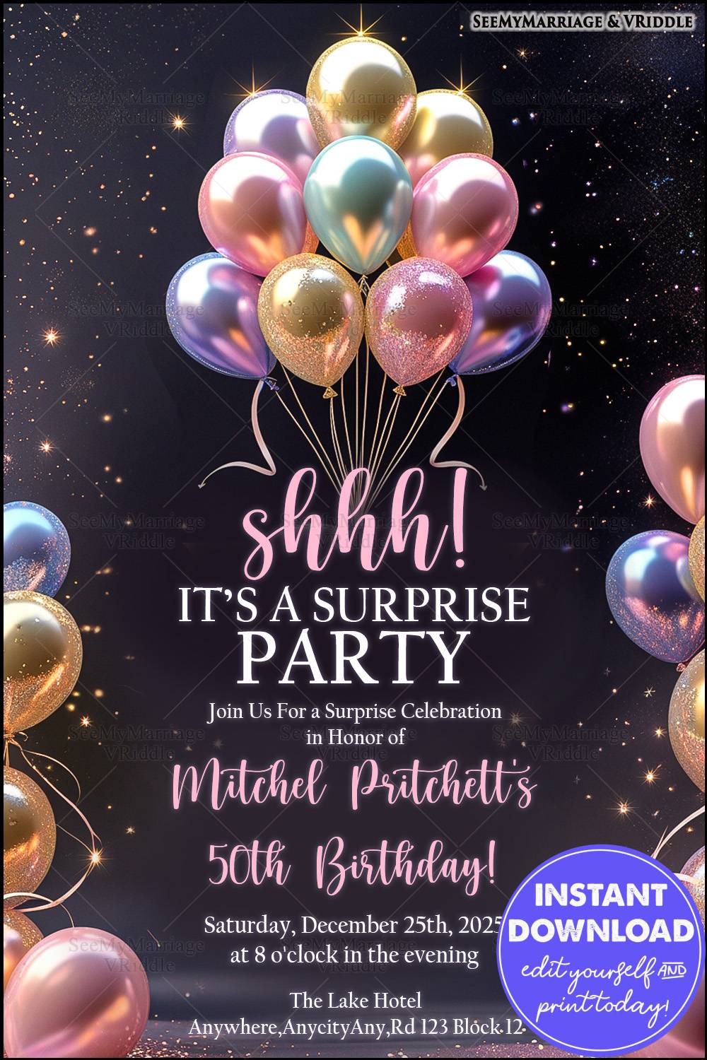Shimmery Surprise 50th Birthday Invitation with Metallic Balloons and Starry Night Background