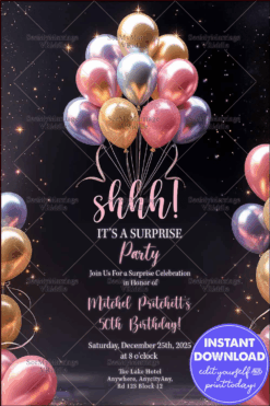 Shimmery Surprise 50th Birthday Invitation with Metallic Balloons and Starry Night Background