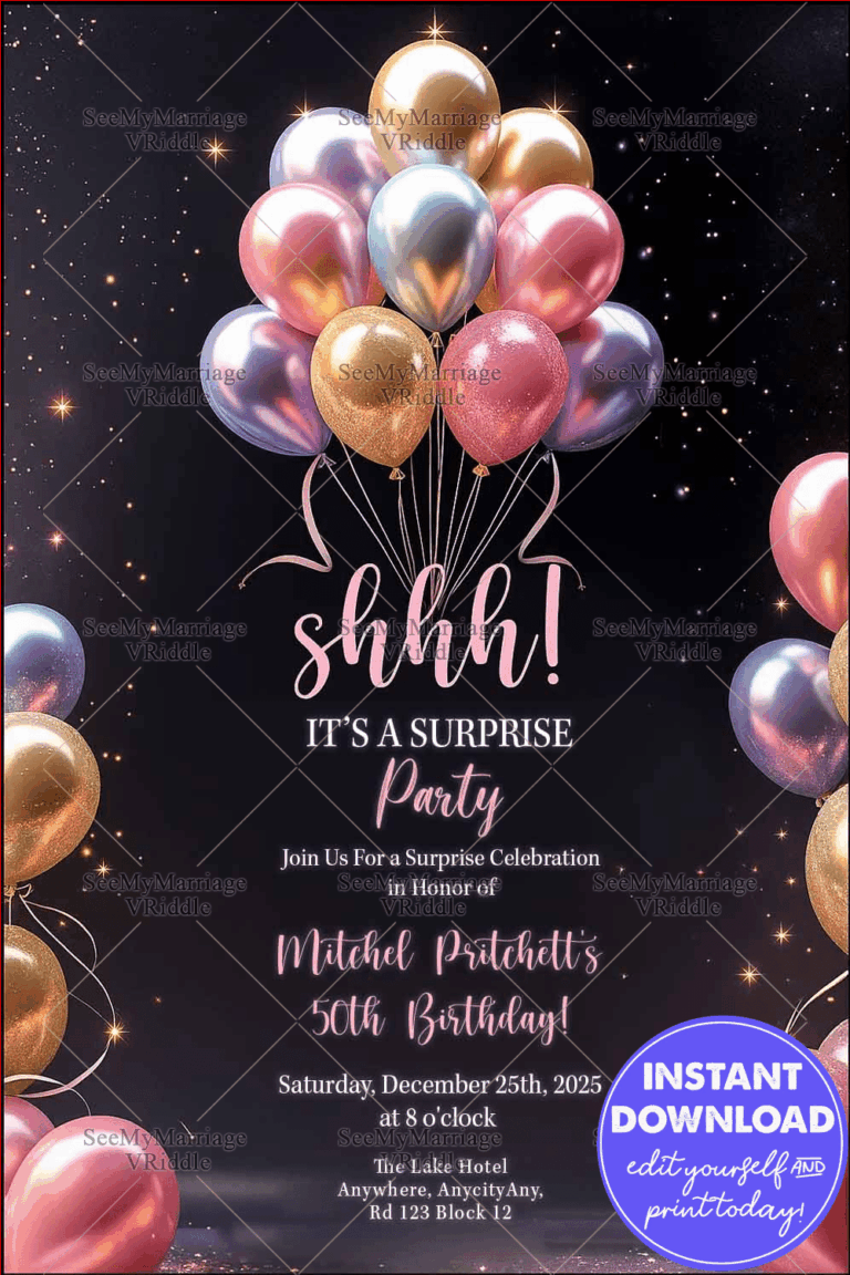 Shimmery Surprise 50th Birthday Invitation with Metallic Balloons and Starry Night Background