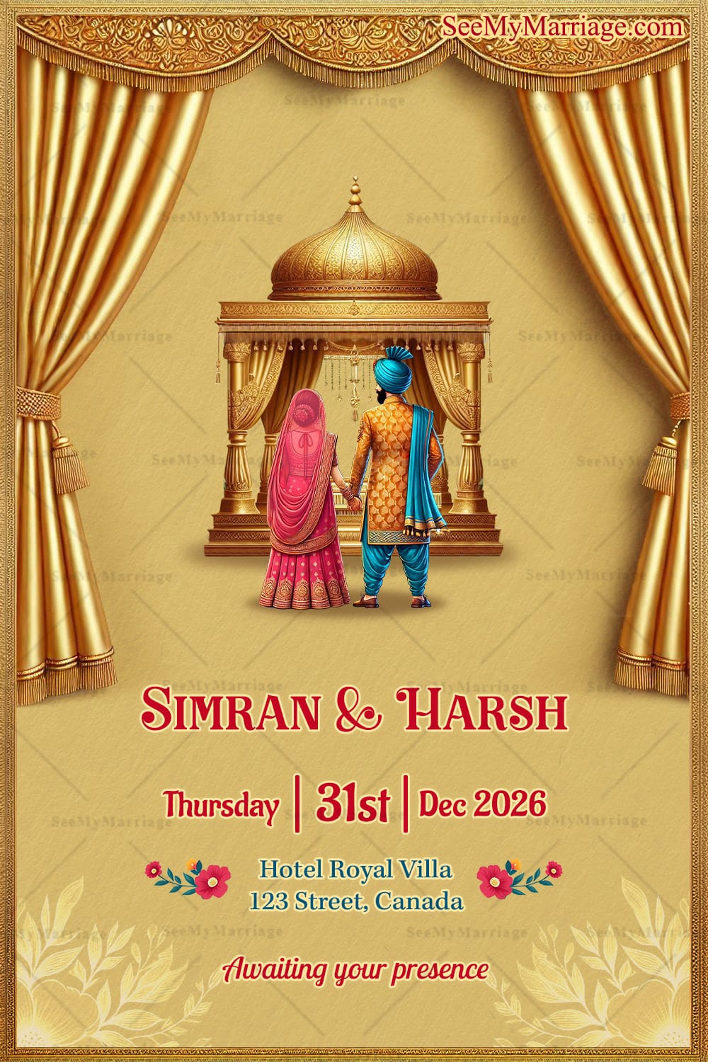 Golden Themes Wedding Invitation Card Set for Celebrations with Couple Illustrations