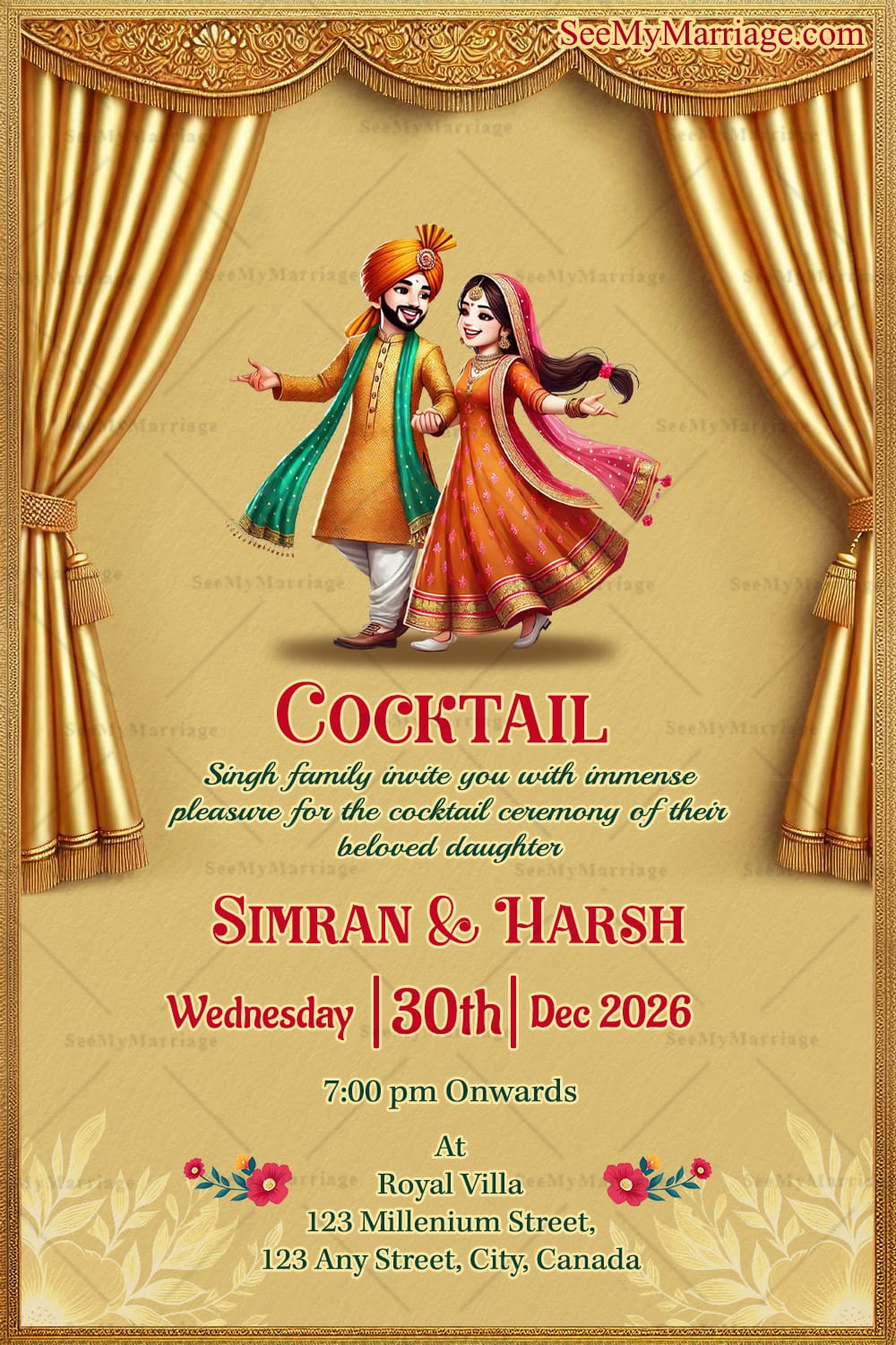 Golden Themes Wedding Invitation Card Set for Celebrations with Couple Illustrations