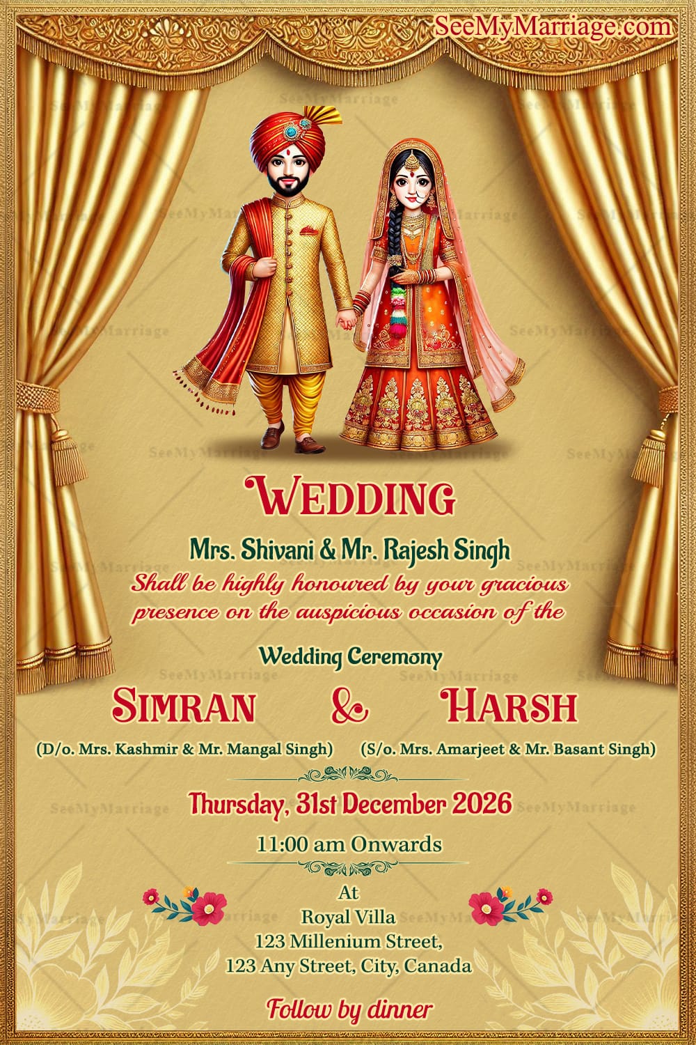 Golden Themes Wedding Invitation Card Set for Celebrations with Couple Illustrations