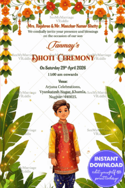 Simple Dhoti Ceremony Invitation with Floral Garlands and Vibrant Banana Leaf Motifs