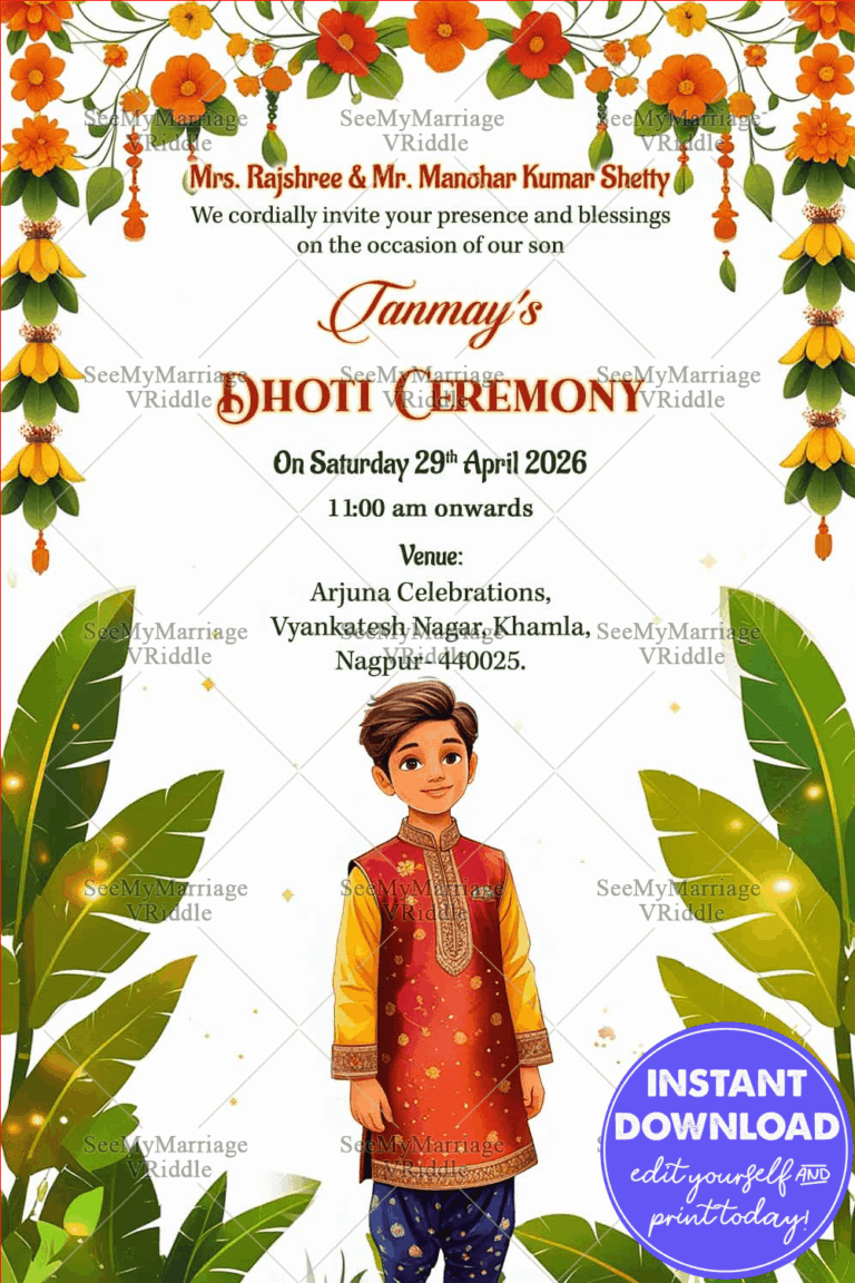 Simple Dhoti Ceremony Invitation with Floral Garlands and Vibrant Banana Leaf Motifs
