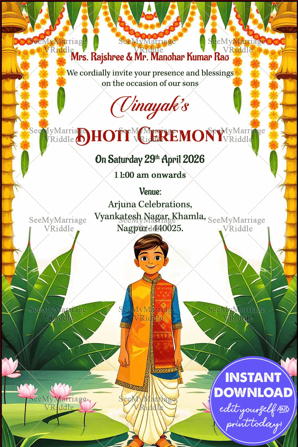South Indian Style Dhoti Invitation Ceremony with Floral Garlands and Lotus Pond Background