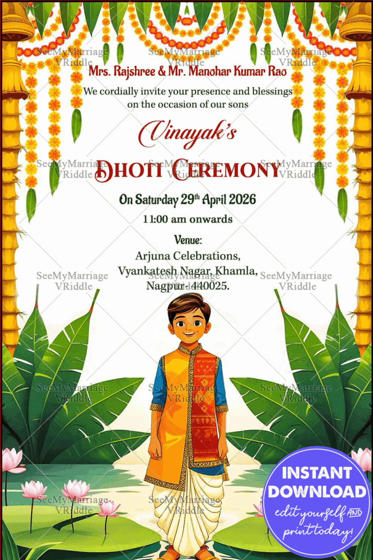 South Indian Style Dhoti Invitation Ceremony with Floral Garlands and Lotus Pond Background
