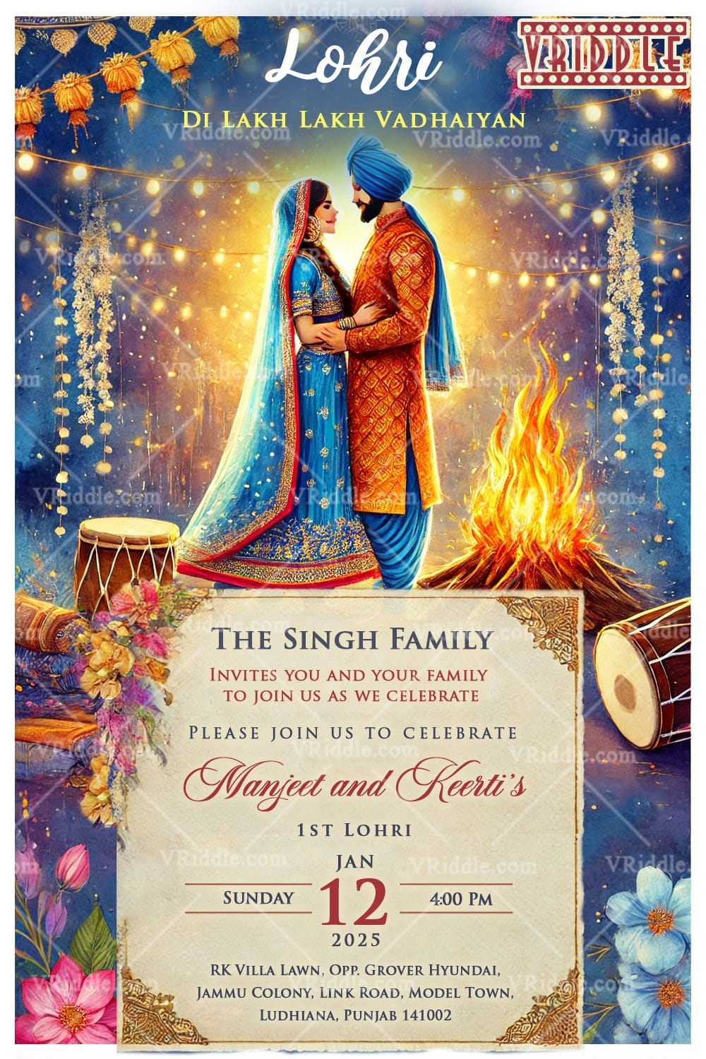 Sparkling Lohri Invitation with Couple Portrait & Bonfire