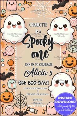 Spooky and Cute Ghost-Themed 6th Birthday Invitation with Pumpkins and Halloween Party Accents