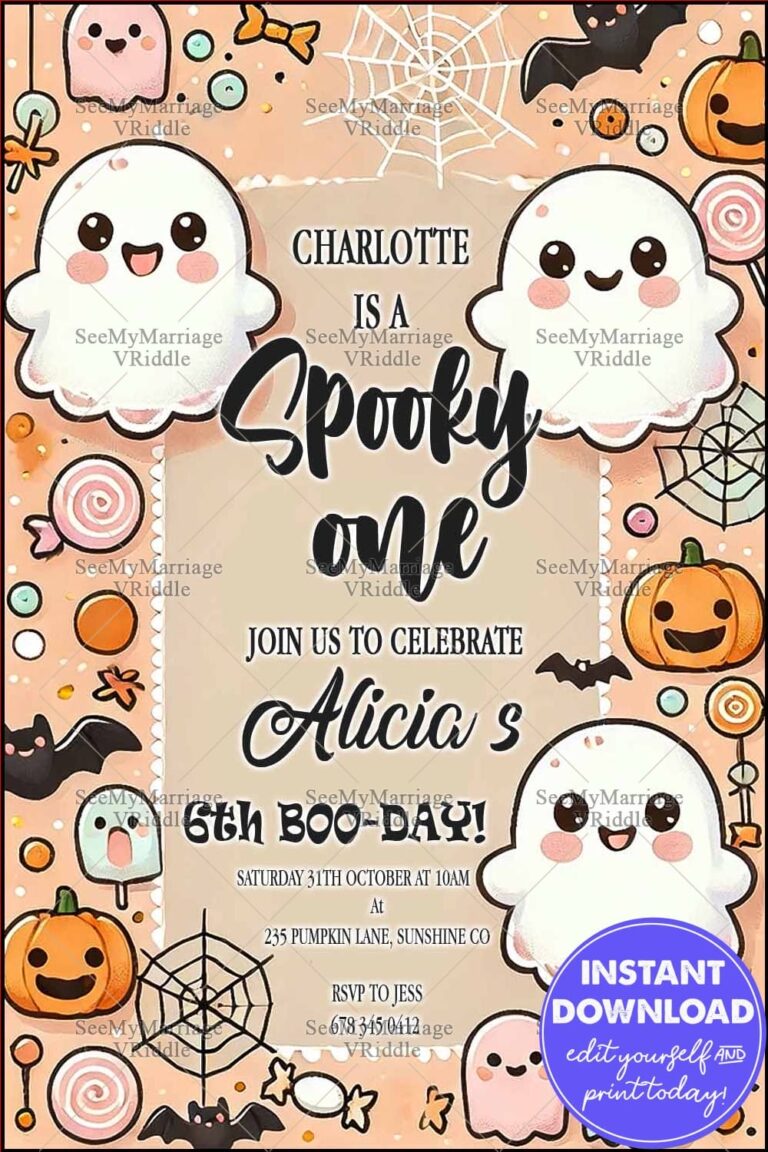 Spooky and Cute Ghost-Themed 6th Birthday Invitation with Pumpkins and Halloween Party Accents