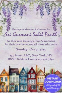 Sri Gurmani Sahib Path Invitation with Floral Purple Wisteria and Vibrant Townhouse Illustrations