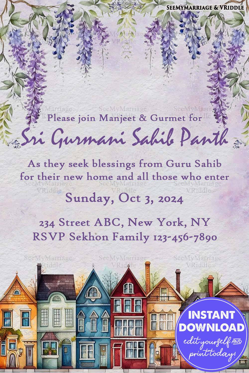 Sri Gurmani Sahib Path Invitation with Floral Purple Wisteria and Vibrant Townhouse Illustrations