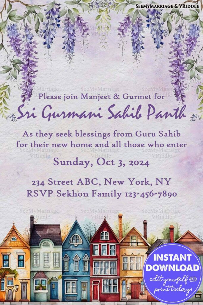 Sri Gurmani Sahib Path Invitation with Floral Purple Wisteria and Vibrant Townhouse Illustrations