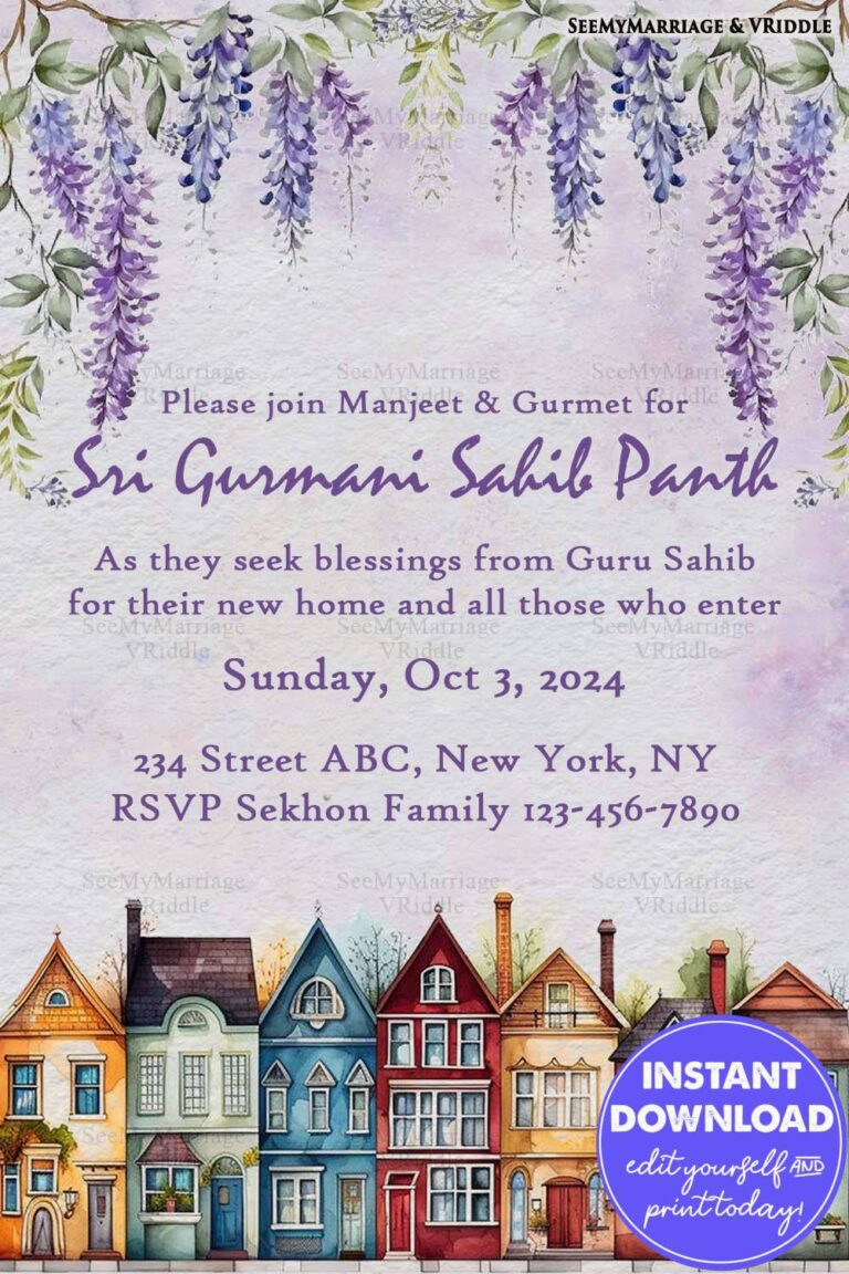Sri Gurmani Sahib Path Invitation with Floral Purple Wisteria and Vibrant Townhouse Illustrations