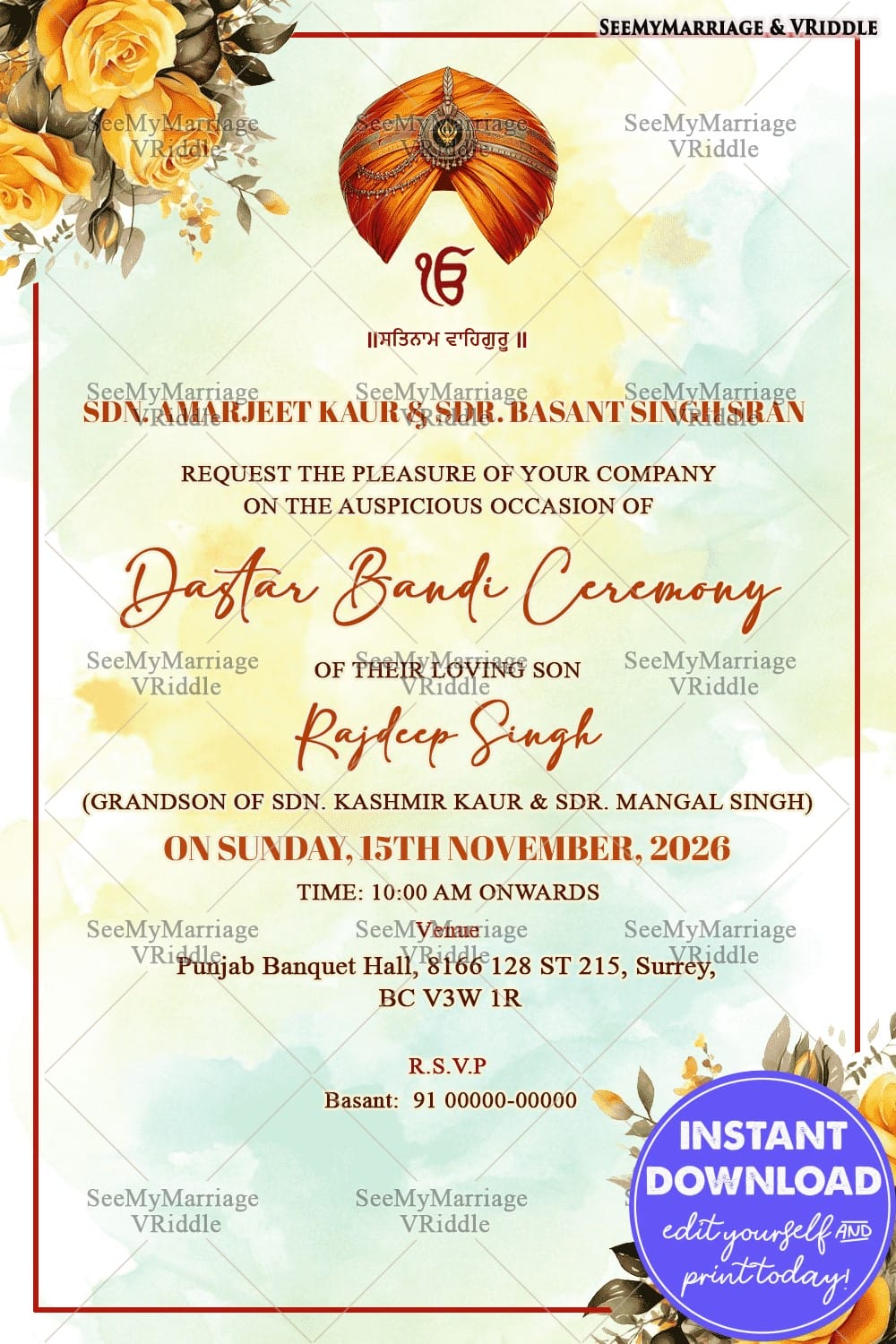 Elegant Dastar Bandi Invitation Card with Yellow Rose Design and Orange Turban Artwork
