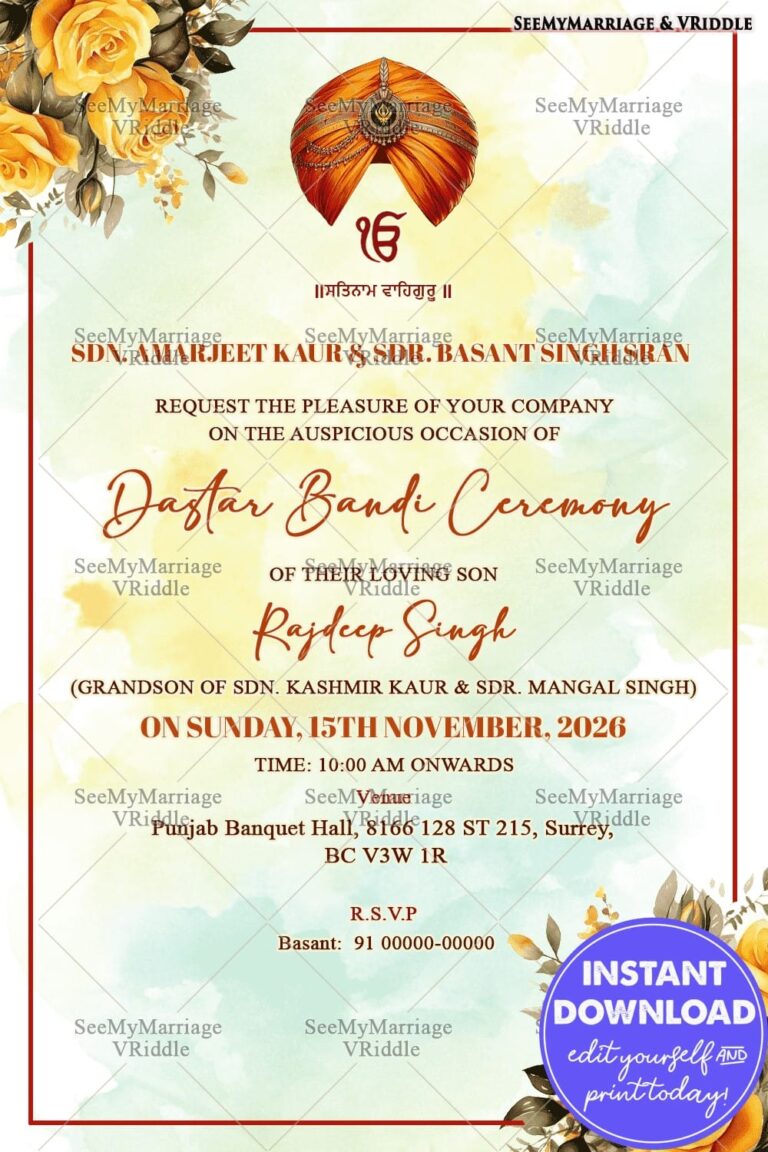 Elegant Dastar Bandi Invitation Card with Yellow Rose Design and Orange Turban Artwork