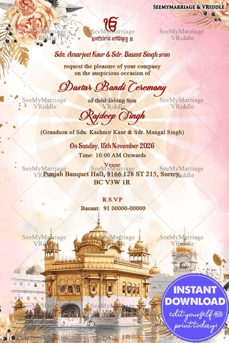 Watercolor Theme Dastar Bandi Invitation Card with Golden Temple Illustration