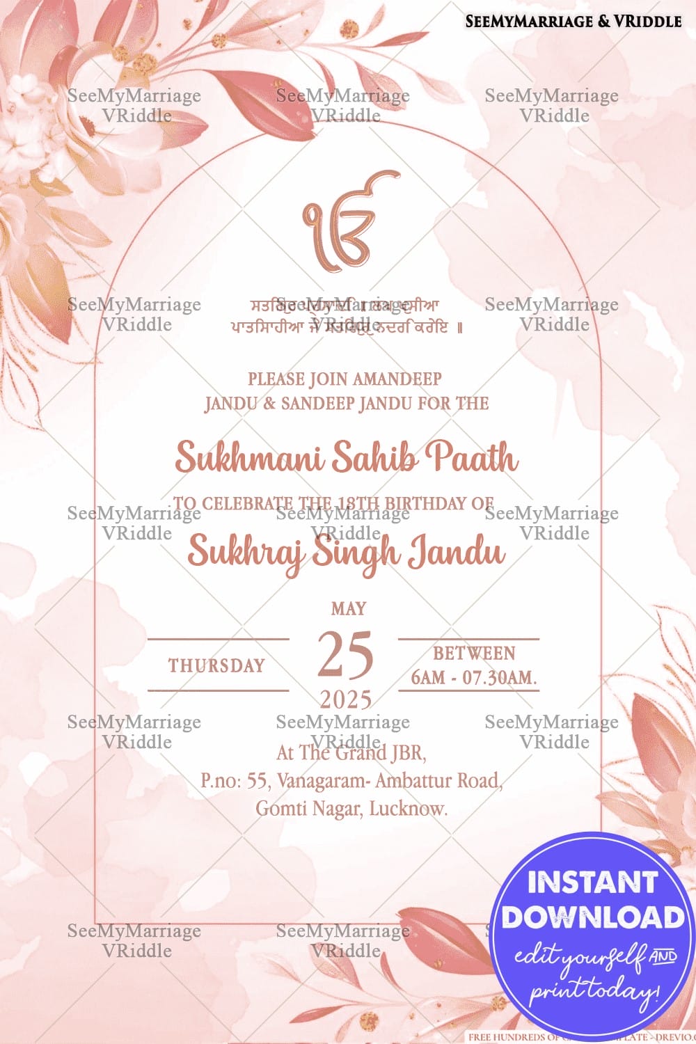 Elegant Sukhmani Sahib Paath Invitation Card with Pastel Tones and Floral Artwork