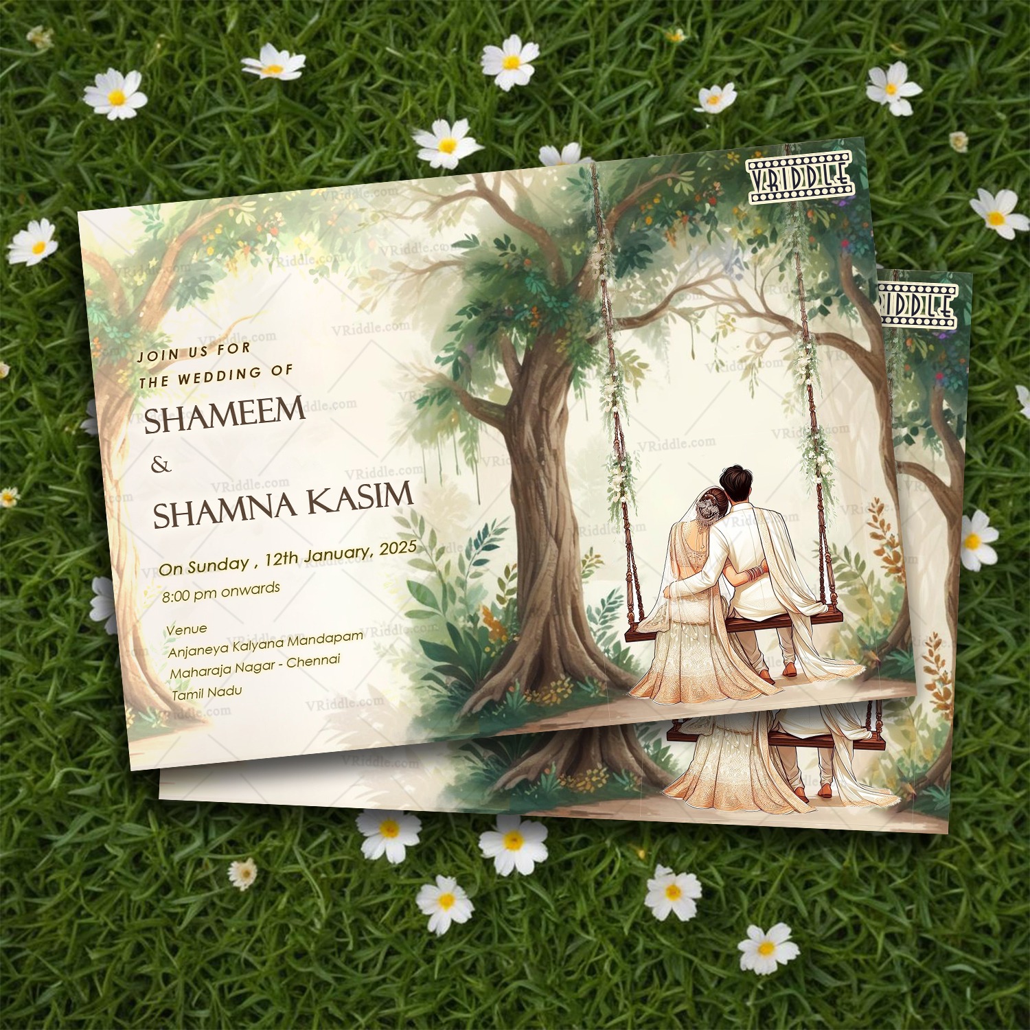 Swing Design Wedding Invitation with Bride and Groom Illustration and Forest Theme