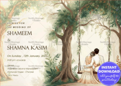 Swing Design Wedding Invitation with Bride and Groom Illustration and Forest Theme