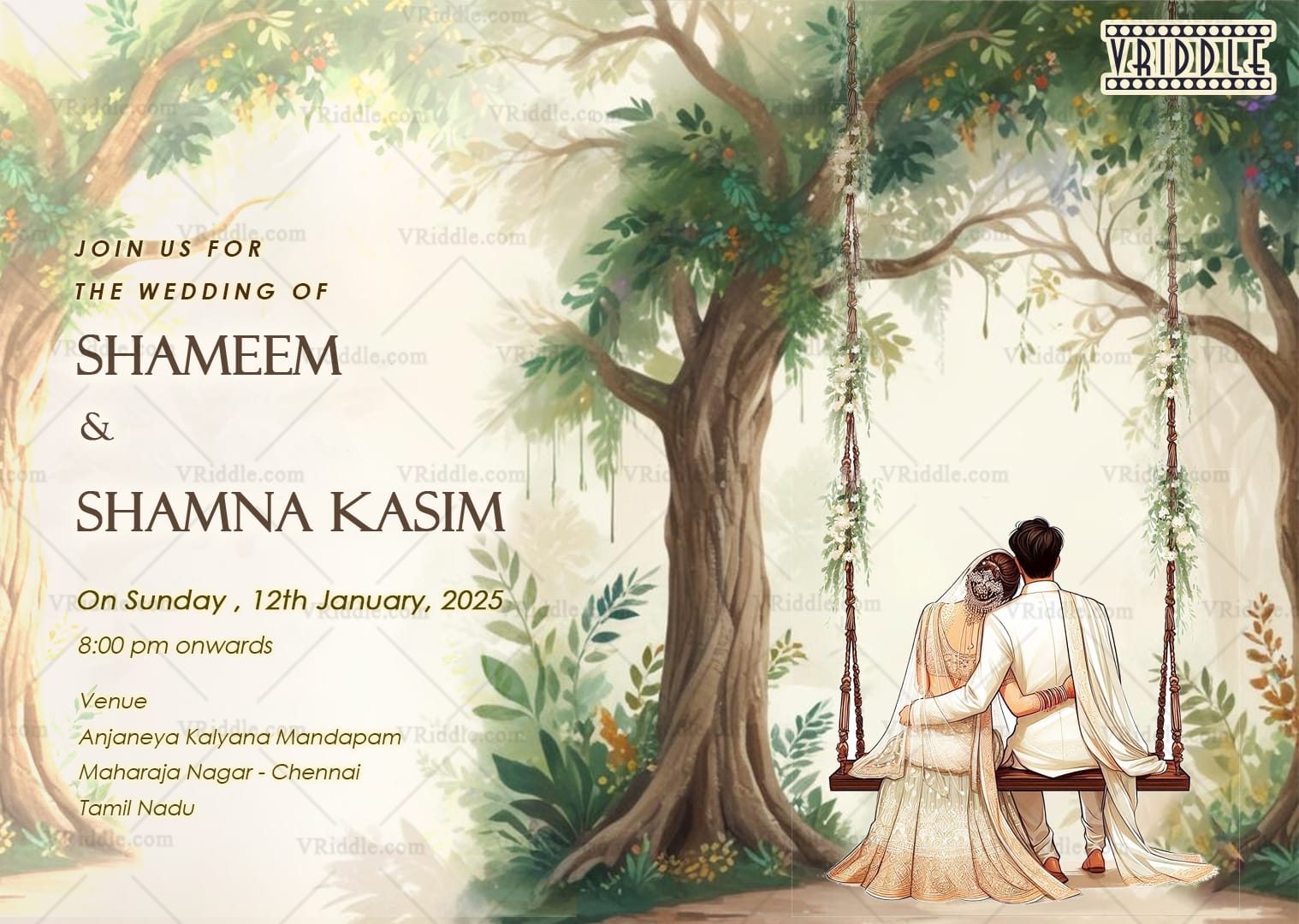 Swing Design Wedding Invitation with Bride and Groom Illustration and Forest Theme