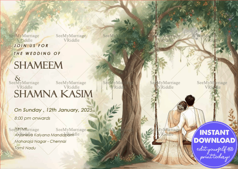 Swing Design Wedding Invitation with Bride and Groom Illustration and Forest Theme