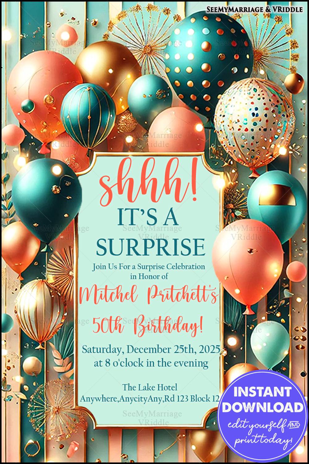 Teal and Coral Balloons Surprise 50th Birthday Invitation with Golden Accents and Striped Background