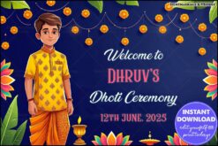 Traditional Dhoti Ceremony Poster with Marigold Garlands, Diya Illustrations, and Festive Blue Background