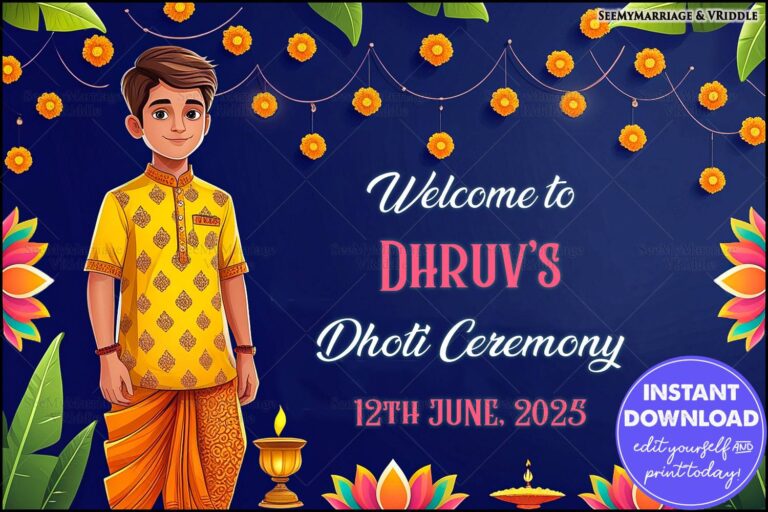 Traditional Dhoti Ceremony Poster with Marigold Garlands, Diya Illustrations, and Festive Blue Background
